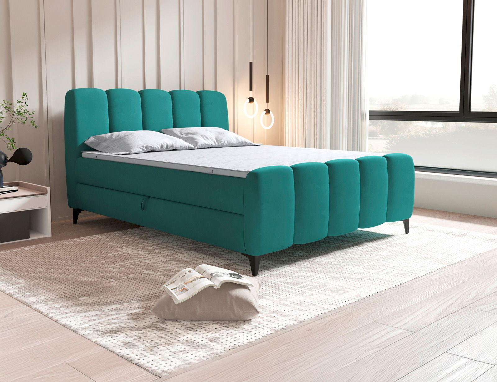 Modernes Boxbett in Türkis mit gepolstertem Kopf- und Fußteil, seitliche Perspektive im stilvollen Schlafzimmer.