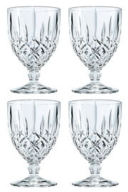 Vier große Kelchgläser aus Kristallglas mit elegantem Schliffmuster, frontal abgebildet.