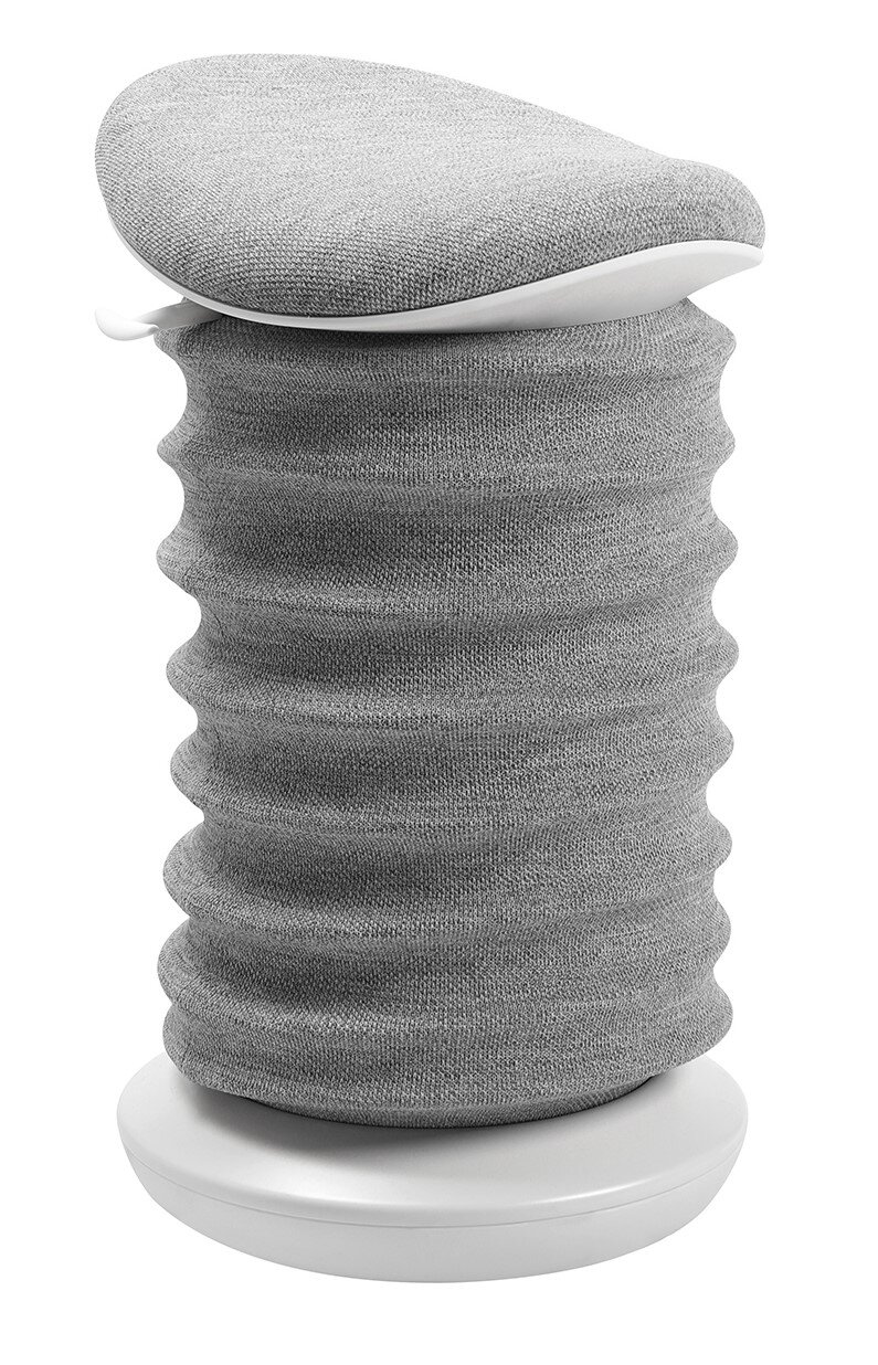 Grauer Aktiv-Sitzhocker mit wellenförmigem Design, seitliche Perspektive