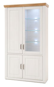 Kombi-Vitrine in weiß mit Holzdetails, linke Perspektive, beleuchtete Glasregale