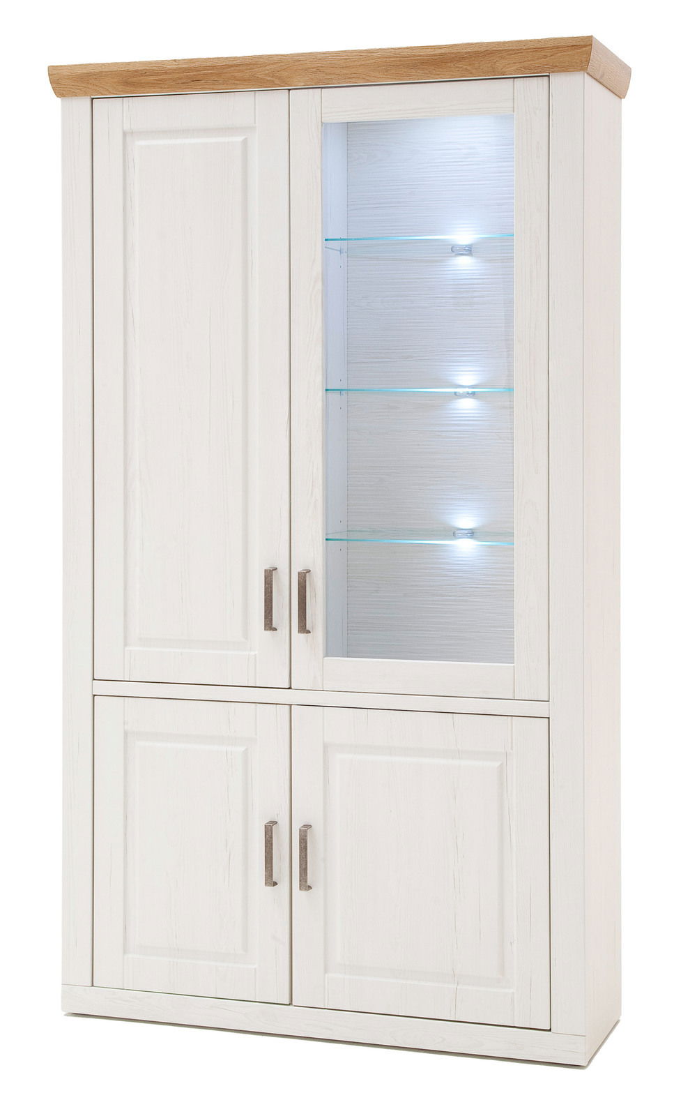 Kombi-Vitrine in weiß mit Holzdetails, linke Perspektive, beleuchtete Glasregale