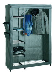 Graue Standgarderobe mit mehreren Regalböden und Kleiderstange, frontal betrachtet.