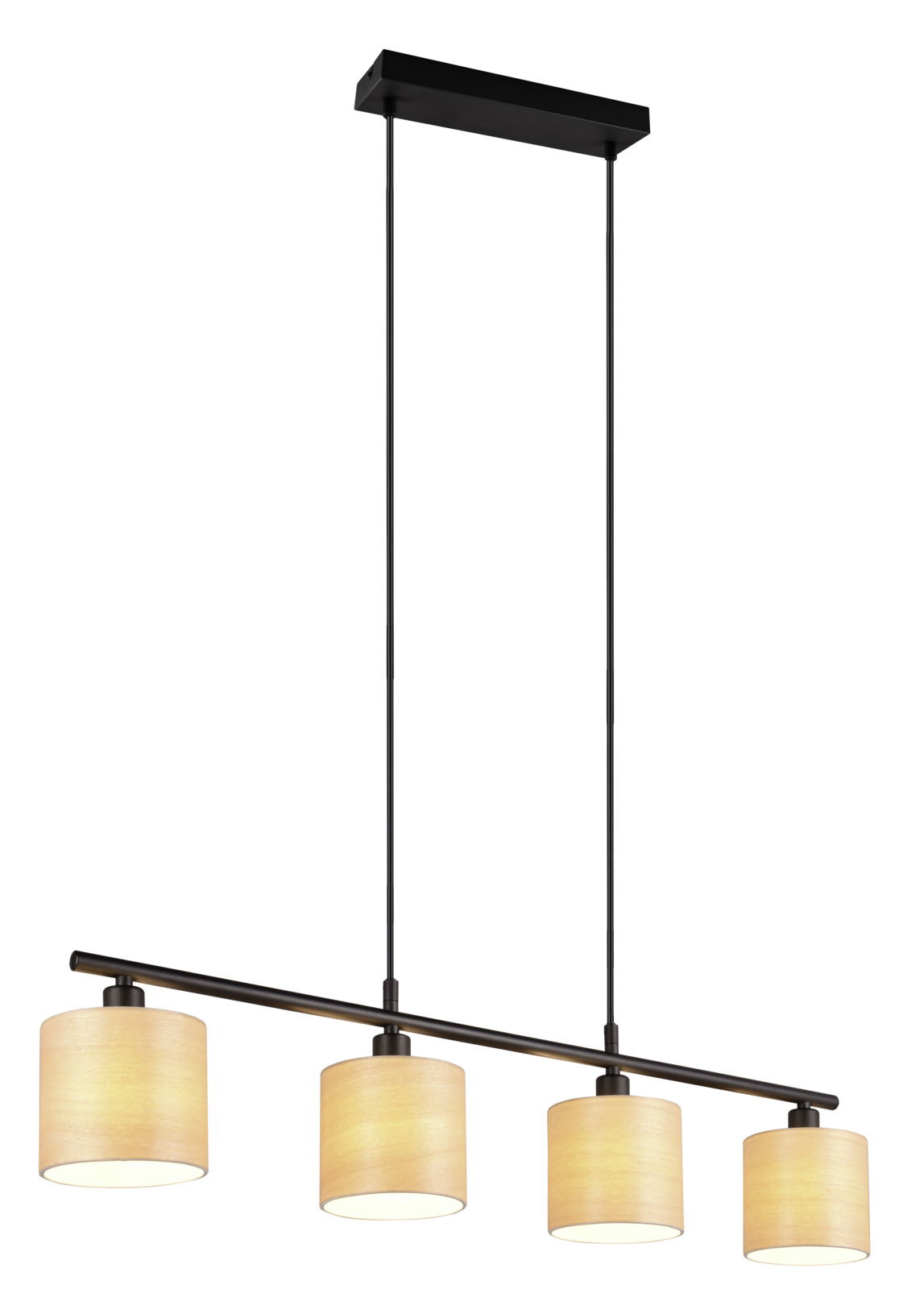 Moderne Hängeleuchte mit vier zylinderförmigen, cremefarbenen Lampenschirmen, aufgehängt an einer schwarzen Metallstange. Seitenansicht.