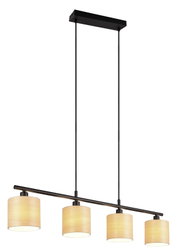 Moderne Hängeleuchte mit vier zylinderförmigen, cremefarbenen Lampenschirmen, aufgehängt an einer schwarzen Metallstange. Seitenansicht.