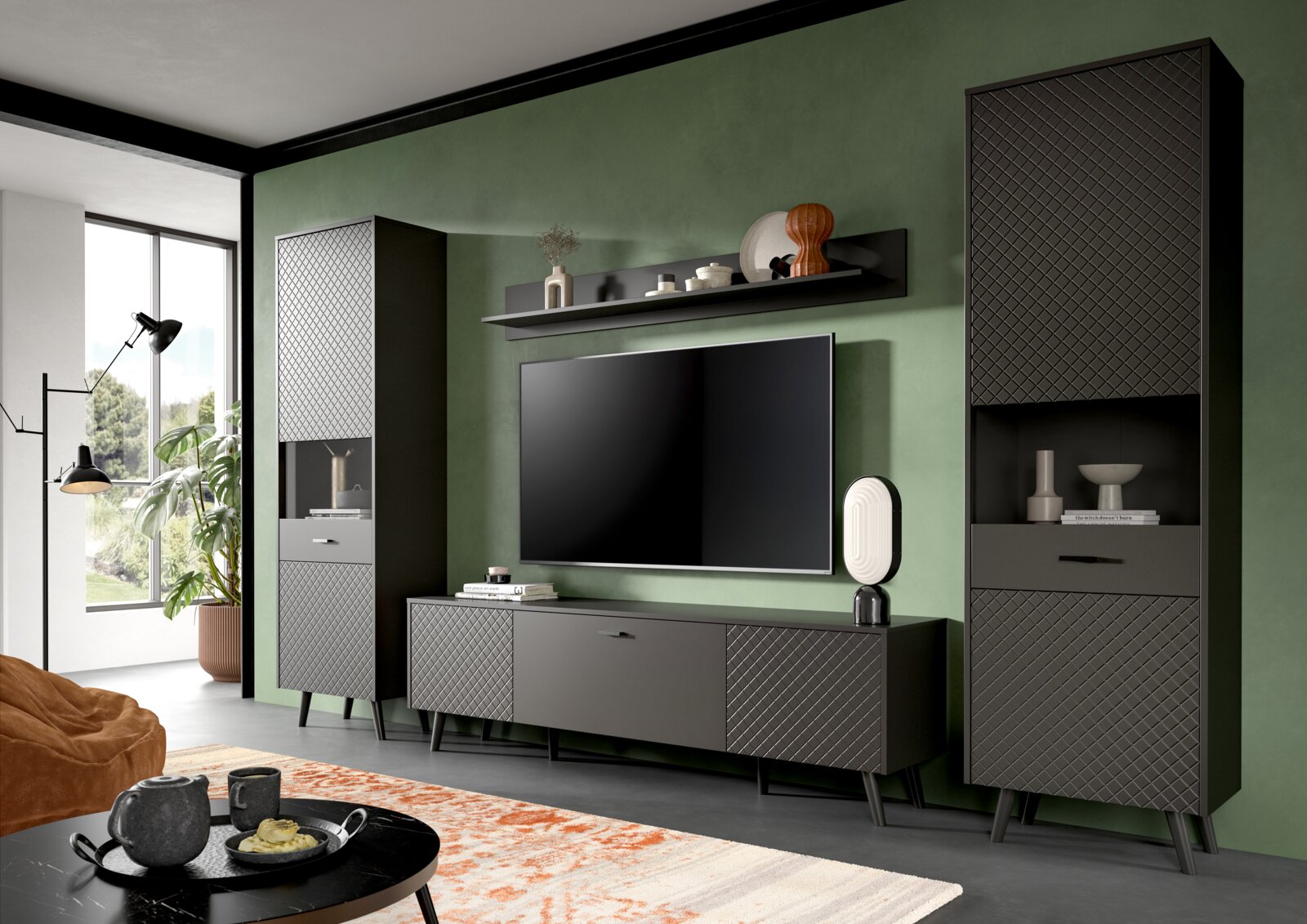 MID.YOU Wohnkombination LINEA Moderne Wohnkombination in dunklem Design mit TV-Schrank, Regalen und Vitrinen, frontal betrachtet.