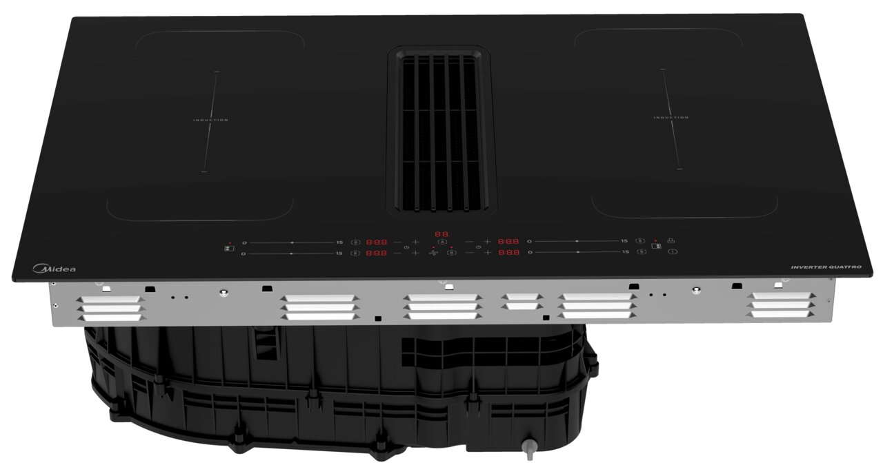 Induktionskochfeld mit integriertem Muldenlüfter, Ansicht von oben