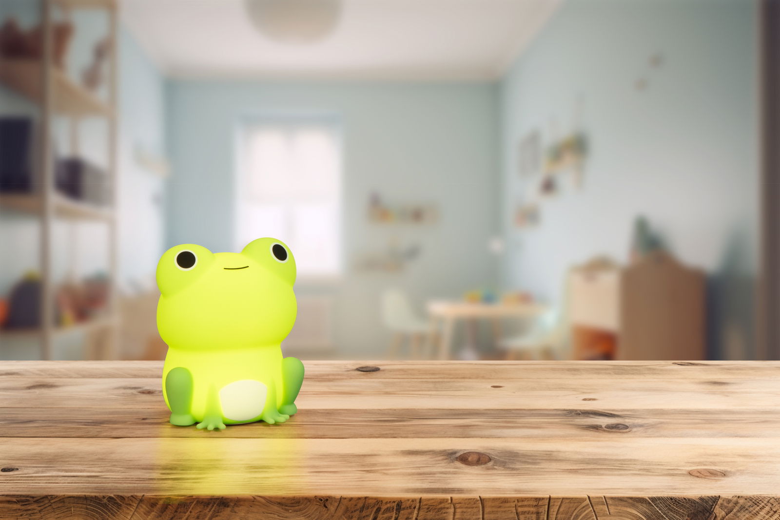FHL easy Akku-Nachtlicht Frog WILLI Grünes Frosch-Nachtlicht auf einem Holztisch, frontal fotografiert, mit unscharfem Kinderzimmer im Hintergrund.
