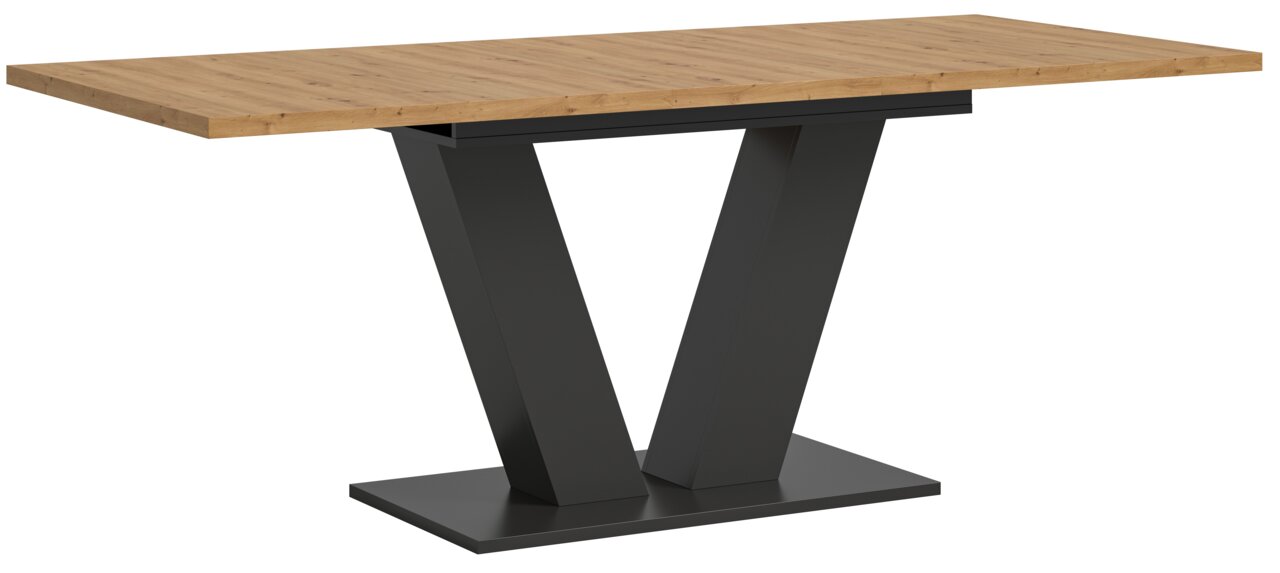 Moderner Esstisch mit Holzplatte und V-förmigem Metallgestell, seitliche Perspektive