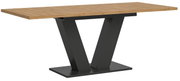 Moderner Esstisch mit Holzplatte und V-förmigem Metallgestell, seitliche Perspektive