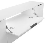 Weißes TV-Lowboard mit geöffneter Klappe, seitliche Perspektive