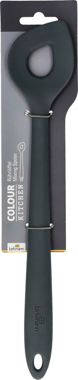 Grauer Rührlöffel aus Silikon, Vorderansicht, auf einer Verpackung montiert.