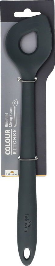 Grauer Rührlöffel aus Silikon, Vorderansicht, auf einer Verpackung montiert.