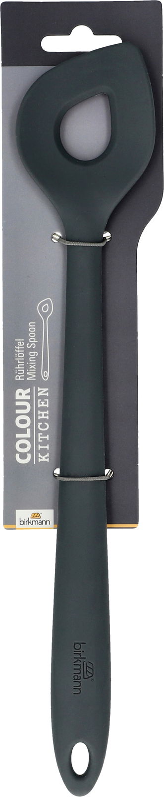Birkmann Rührlöffel COLOUR KITCHEN Grauer Rührlöffel aus Silikon, Vorderansicht, auf einer Verpackung montiert.