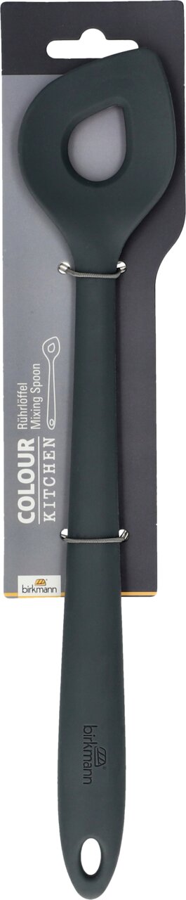 Birkmann Rührlöffel COLOUR KITCHEN Grauer Rührlöffel aus Silikon, Vorderansicht, auf einer Verpackung montiert.