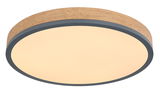 Runde Deckenleuchte DORO mit Holzrahmen und diffuser Lichtabdeckung, seitliche Perspektive