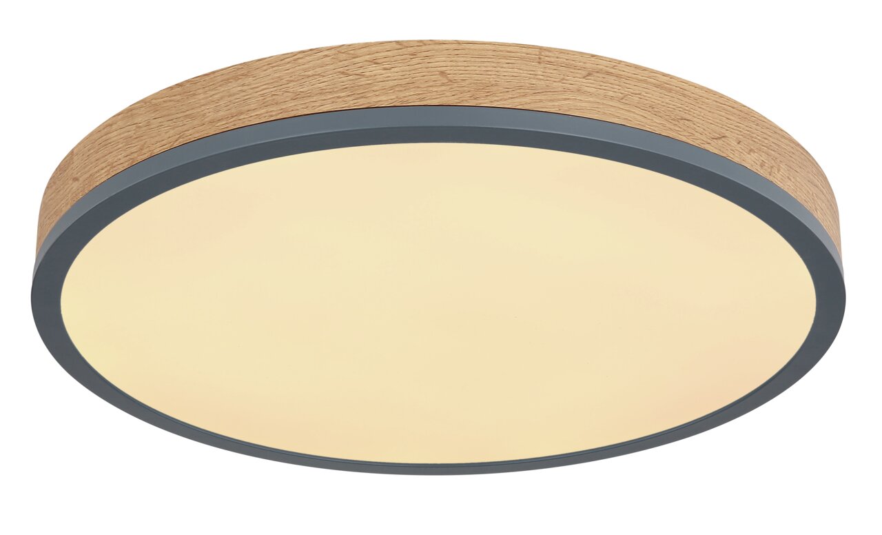Runde Deckenleuchte DORO mit Holzrahmen und diffuser Lichtabdeckung, seitliche Perspektive
