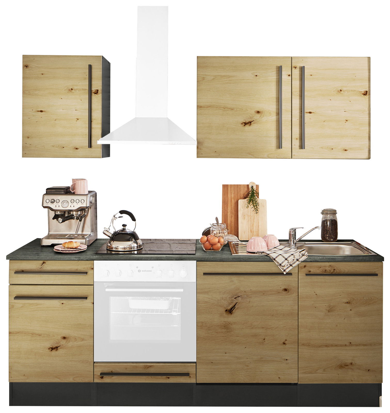 Yourkitchen Küchenblock 220 OHNE E-Geräte JAZZ Küchenblock in Holzoptik mit Arbeitsplatte, Spüle, Herd und Oberschränken, frontal betrachtet.