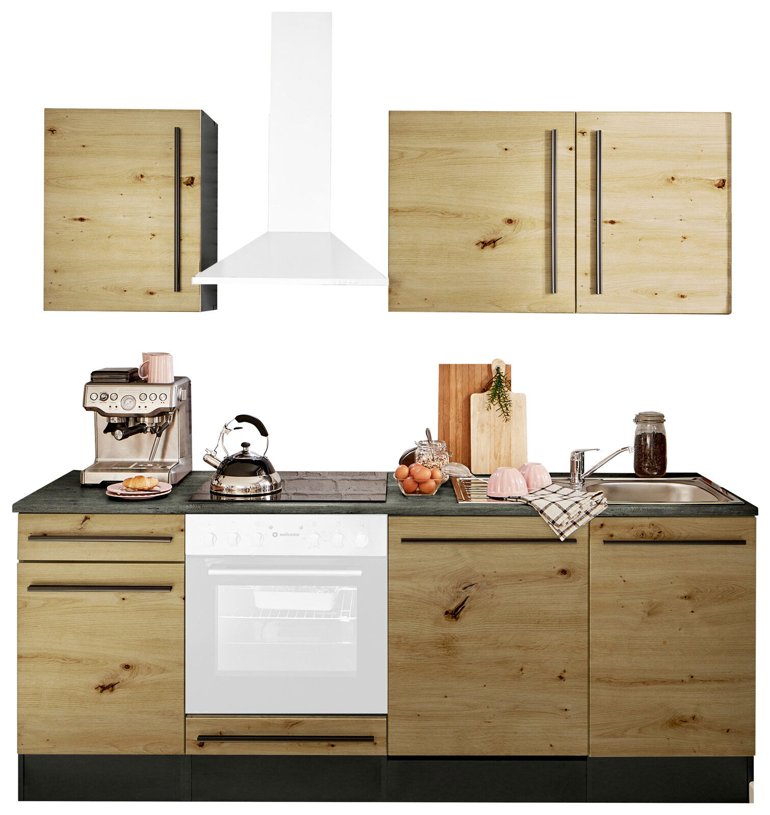 Yourkitchen Küchenblock 220 OHNE E-Geräte JAZZ Küchenblock in Holzoptik mit Arbeitsplatte, Spüle, Herd und Oberschränken, frontal betrachtet.