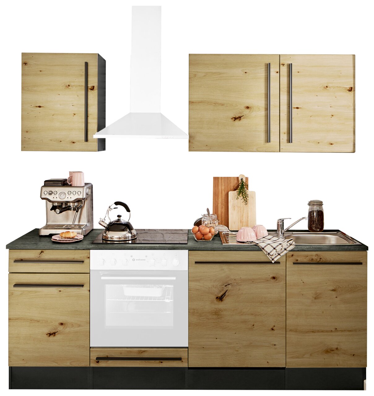 Yourkitchen Küchenblock 220 OHNE E-Geräte JAZZ Küchenblock in Holzoptik mit Arbeitsplatte, Spüle, Herd und Oberschränken, frontal betrachtet.