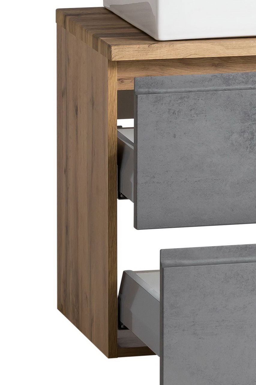 Seitliche Ansicht eines Waschtisch-Sets mit Holz- und Betonoptik, zwei Schubladen geöffnet.