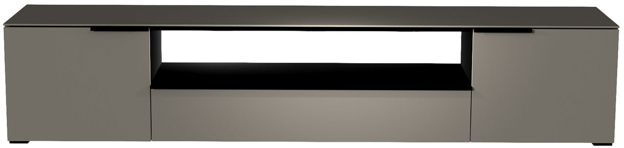 Moderano XL TV-Lowboard BORMIO Frontansicht eines modernen, grauen XL TV-Lowboards der Serie BORMIO mit zwei Türen und einem offenen Fach in der Mitte.