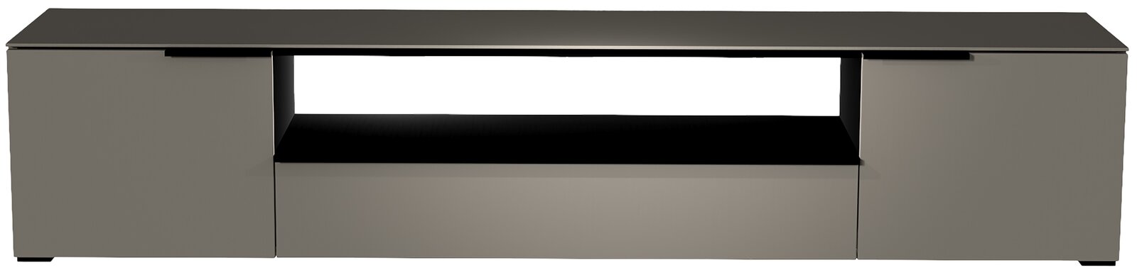 Frontansicht eines modernen, grauen XL TV-Lowboards der Serie BORMIO mit zwei Türen und einem offenen Fach in der Mitte.