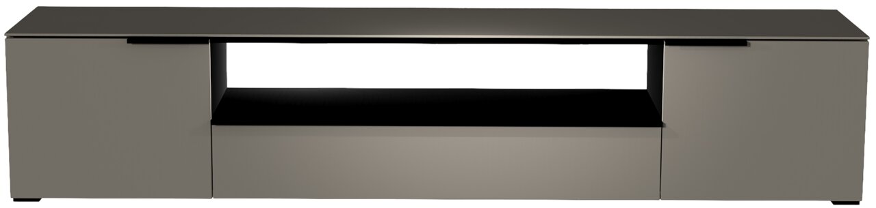 Moderano XL TV-Lowboard BORMIO Frontansicht eines modernen, grauen XL TV-Lowboards der Serie BORMIO mit zwei Türen und einem offenen Fach in der Mitte.