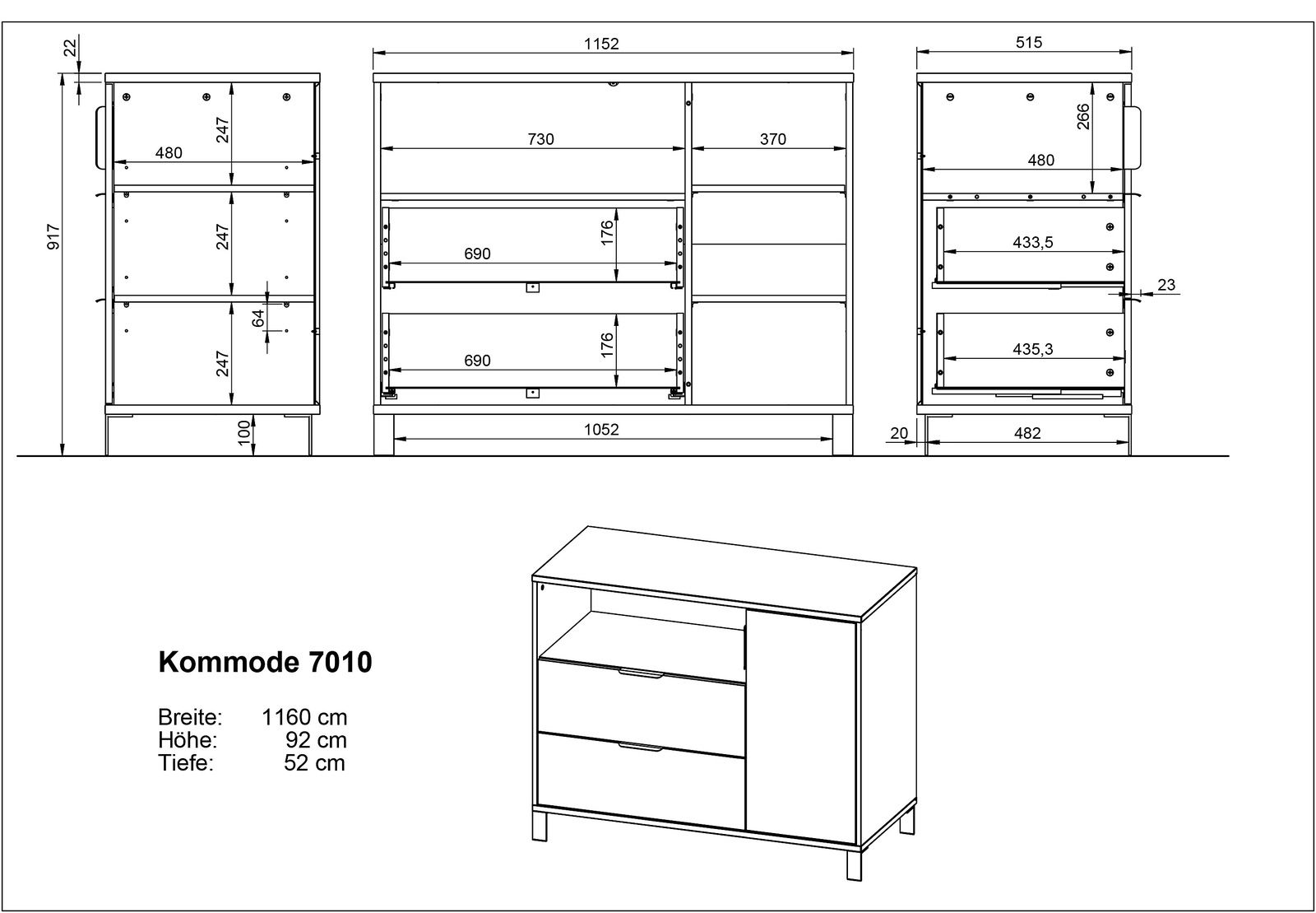 Kommode 7010 mit den Maßen Breite: 1160 cm, Höhe: 92 cm, Tiefe: 52 cm, dargestellt in einer technischen Zeichnung mit Vorder-, Seiten- und Perspektivansicht.