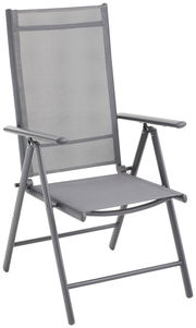 Moderner Gartenstuhl aus Metall mit Netzbespannung, seitliche Perspektive