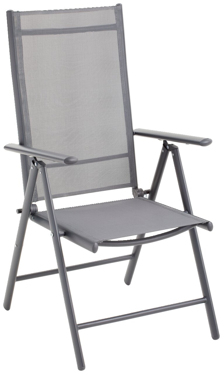 Moderner Gartenstuhl aus Metall mit Netzbespannung, seitliche Perspektive