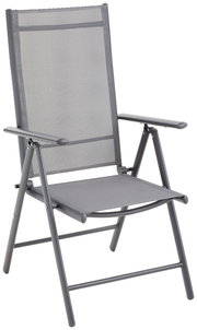 Moderner Gartenstuhl aus Metall mit Netzbespannung, seitliche Perspektive