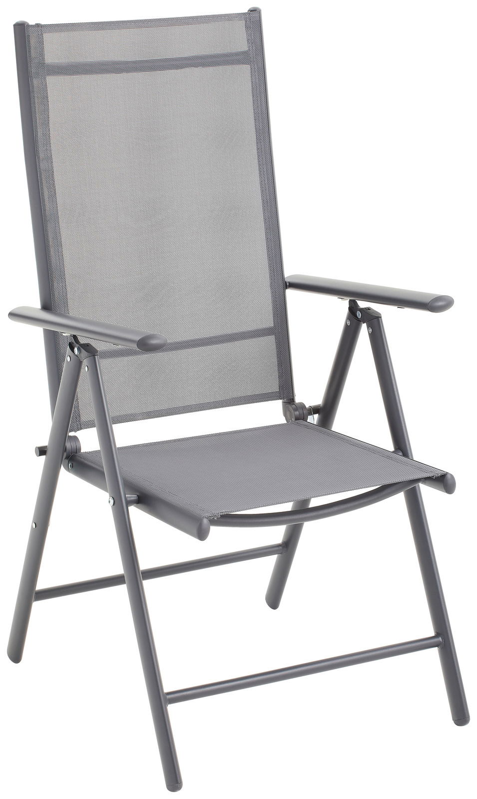 Moderner Gartenstuhl aus Metall mit Netzbespannung, seitliche Perspektive