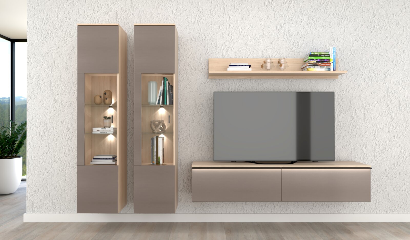 Z2 Wohnwand TIBOR-G Frontale Ansicht einer modernen Wohnzimmer-Wohnwand: zwei hohe Vitrinenschränke in Holzoptik mit grauen Fronten und LED-Beleuchtung, daneben ein schwebendes TV-Lowboard mit Fernseher und ein Wandregal mit Büchern.