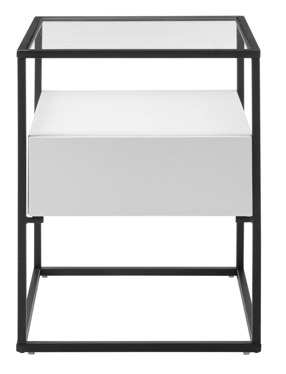 Moderner Beistelltisch mit Glasplatte und schwarzem Metallrahmen, Frontalansicht