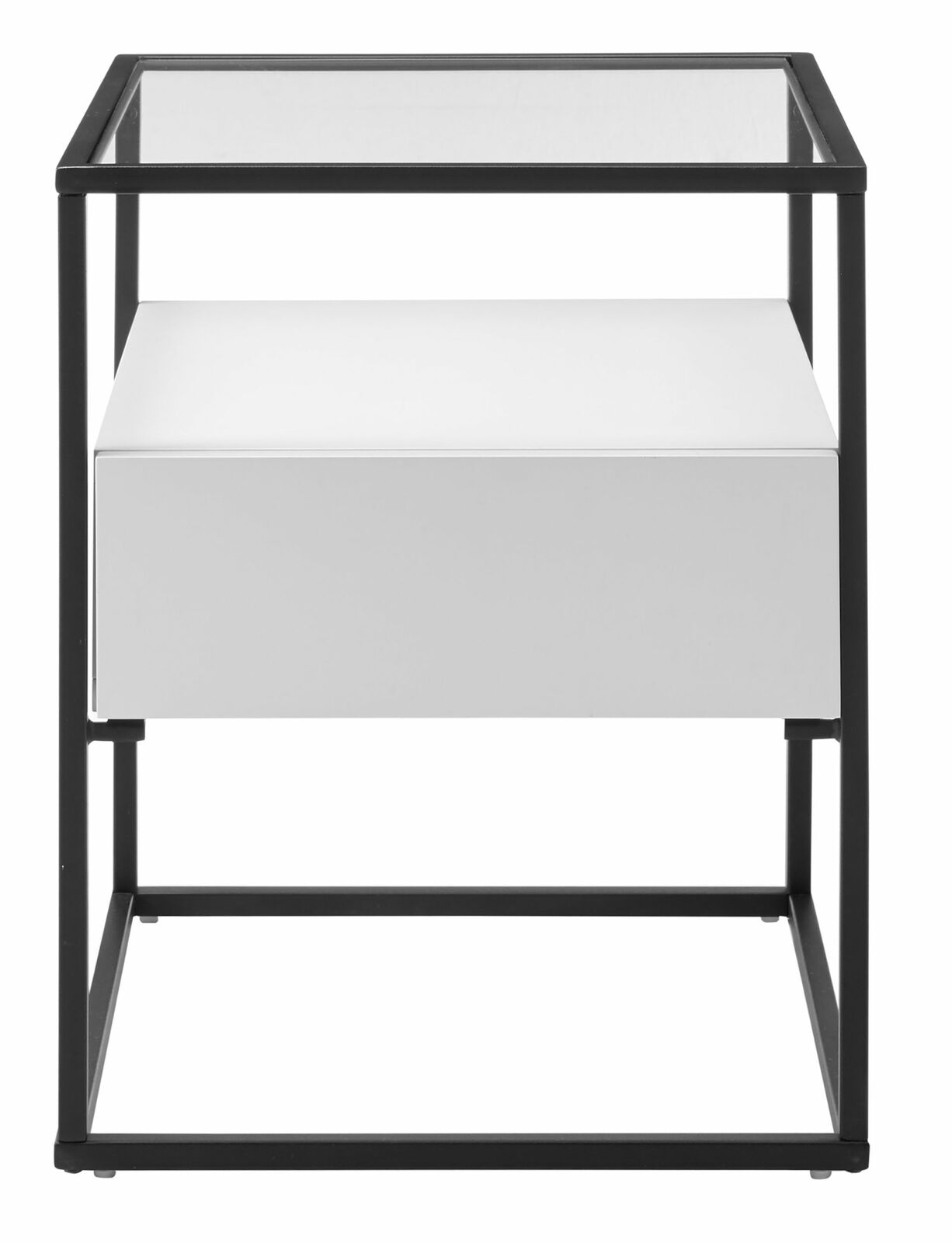 Moderner Beistelltisch mit Glasplatte und schwarzem Metallrahmen, Frontalansicht