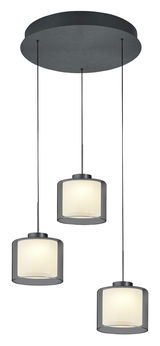 Dreiflammige LED-Pendelleuchte KLARA mit zylindrischen, rauchgrauen Glasschirmen, von unten betrachtet.