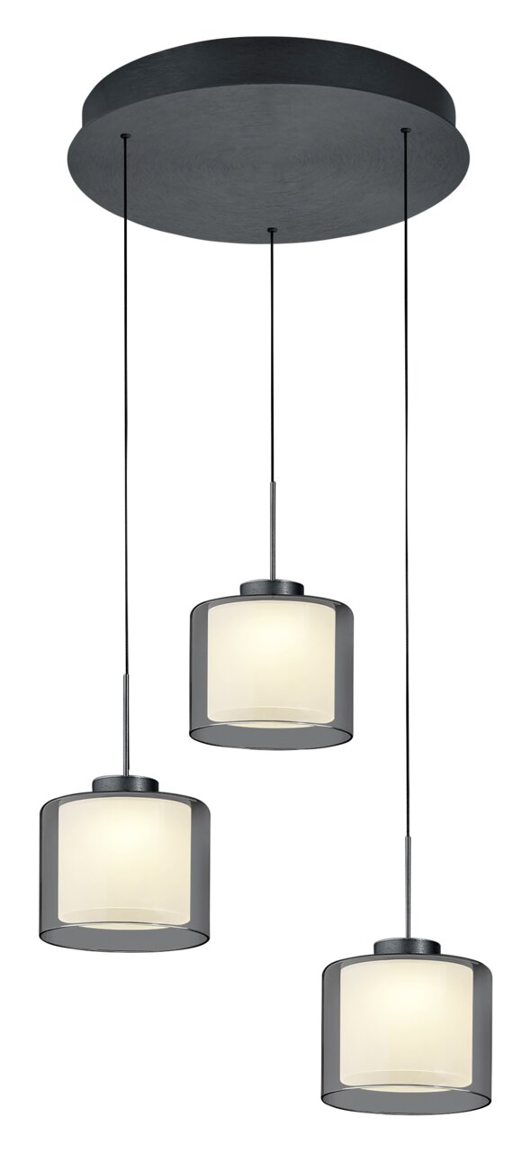 Dreiflammige LED-Pendelleuchte KLARA mit zylindrischen, rauchgrauen Glasschirmen, von unten betrachtet.