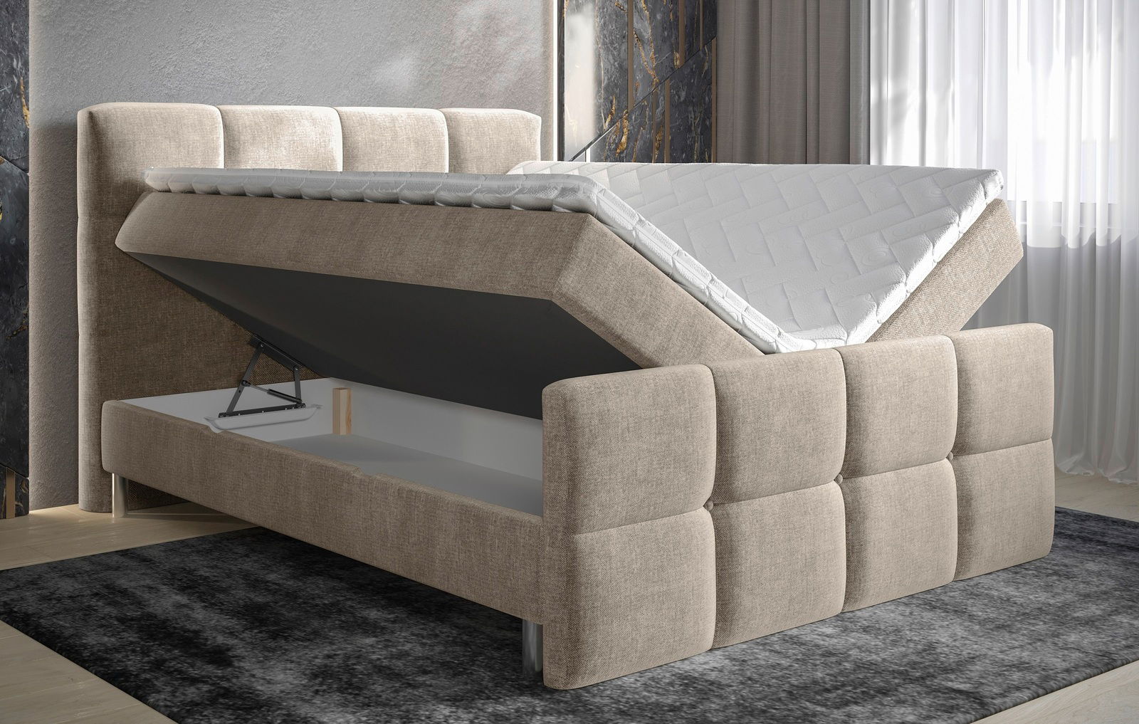 Boxbett mit hochgeklappter Matratze und Stauraum, seitliche Perspektive