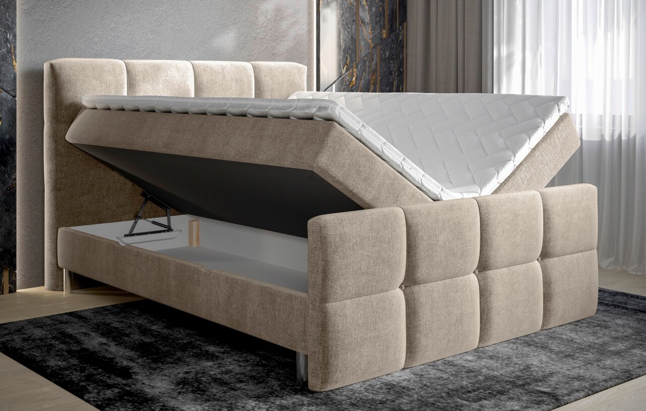 Boxbett mit hochgeklappter Matratze und Stauraum, seitliche Perspektive