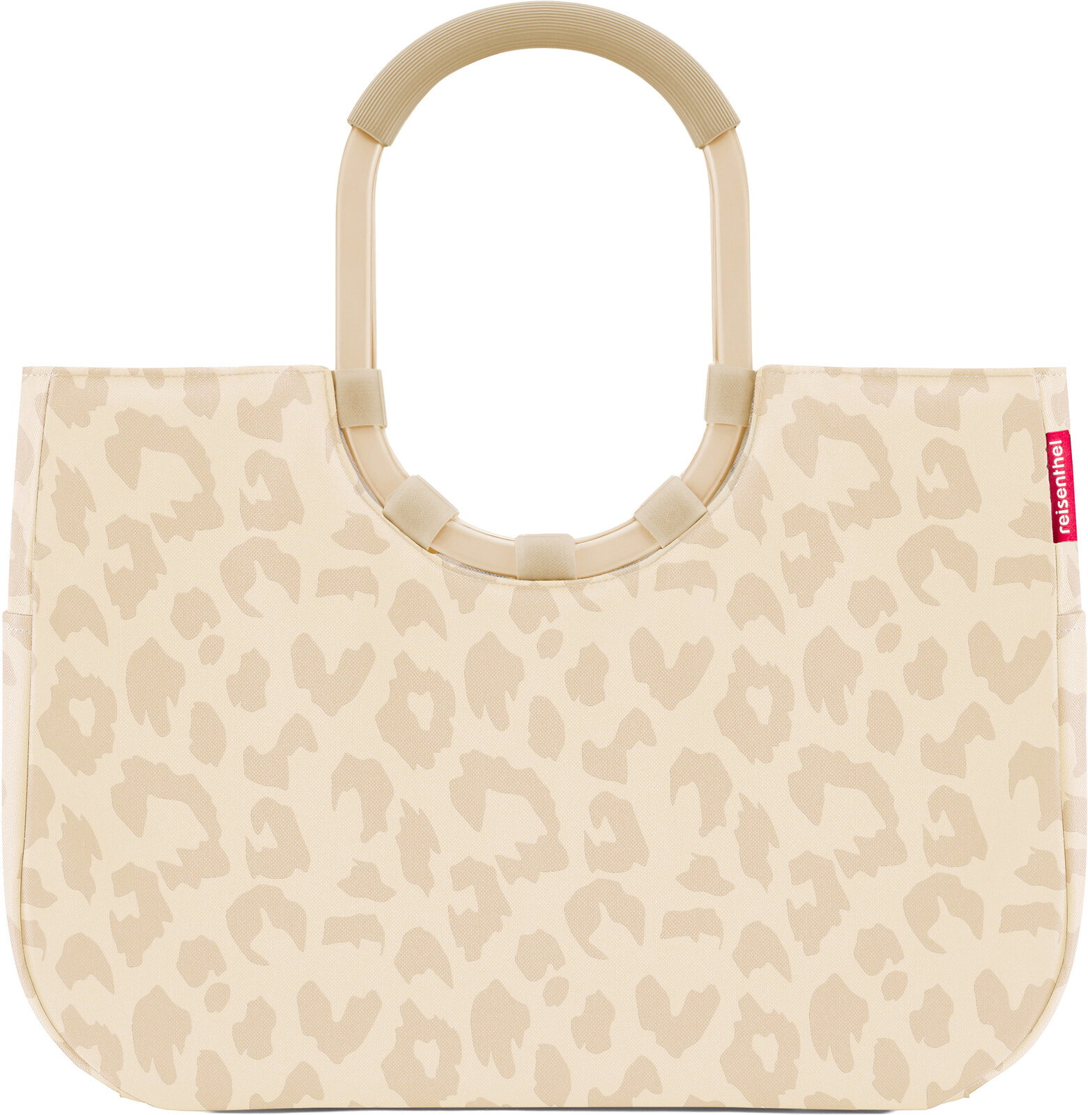 Beige Shopper-Handtasche mit hellem Leopardenmuster und ovalen, starren Tragegriffen, Frontansicht vor weißem Hintergrund.