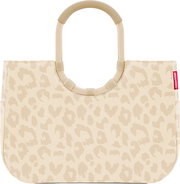 Beige Shopper-Handtasche mit hellem Leopardenmuster und ovalen, starren Tragegriffen, Frontansicht vor weißem Hintergrund.