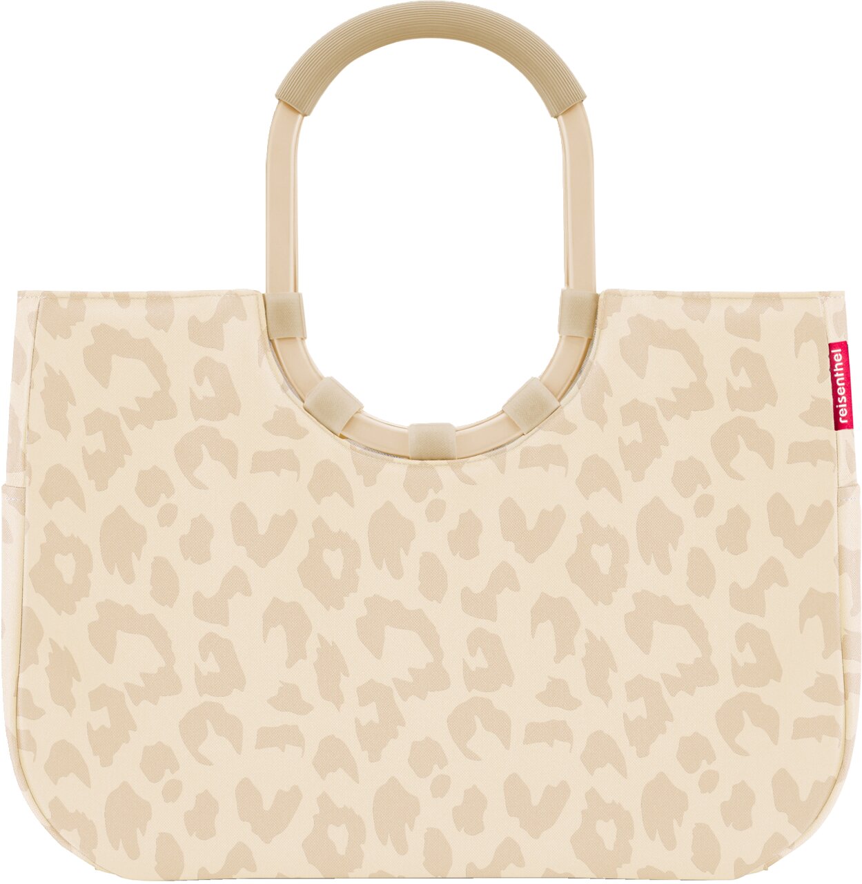 Beige Shopper-Handtasche mit hellem Leopardenmuster und ovalen, starren Tragegriffen, Frontansicht vor weißem Hintergrund.