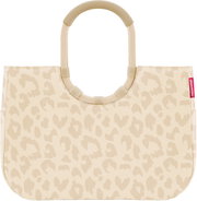 Beige Shopper-Handtasche mit hellem Leopardenmuster und ovalen, starren Tragegriffen, Frontansicht vor weißem Hintergrund.