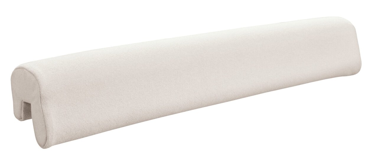 Zijaanzicht van een beige hoofdbescherming met afgeronde randen.