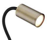 Klemmstrahler aus Metall in altmessing, seitliche Perspektive, mit flexiblem schwarzem Hals und leuchtendem Lampenkopf.