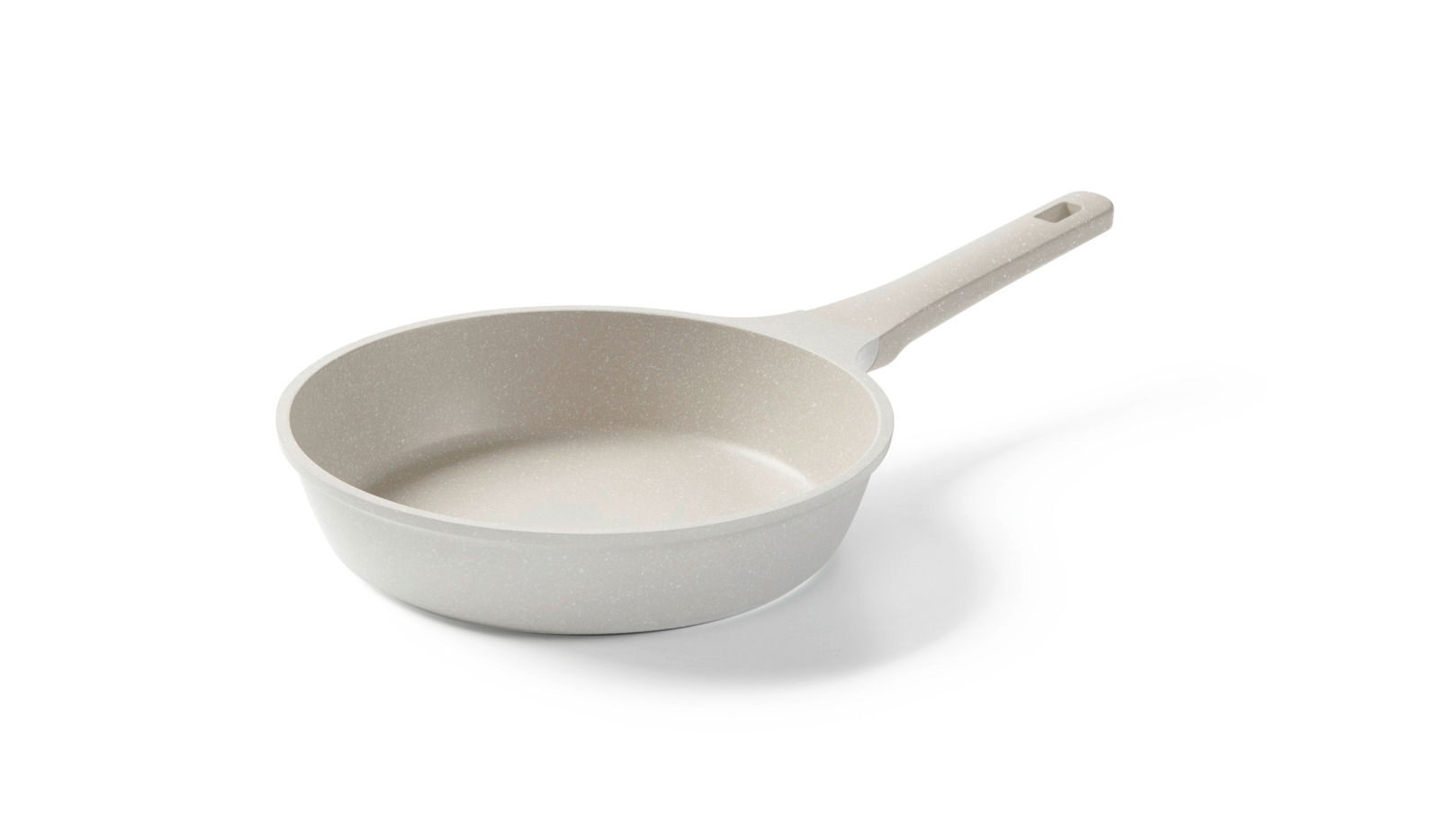 Weiße Pfanne mit langem Griff, seitliche Perspektive