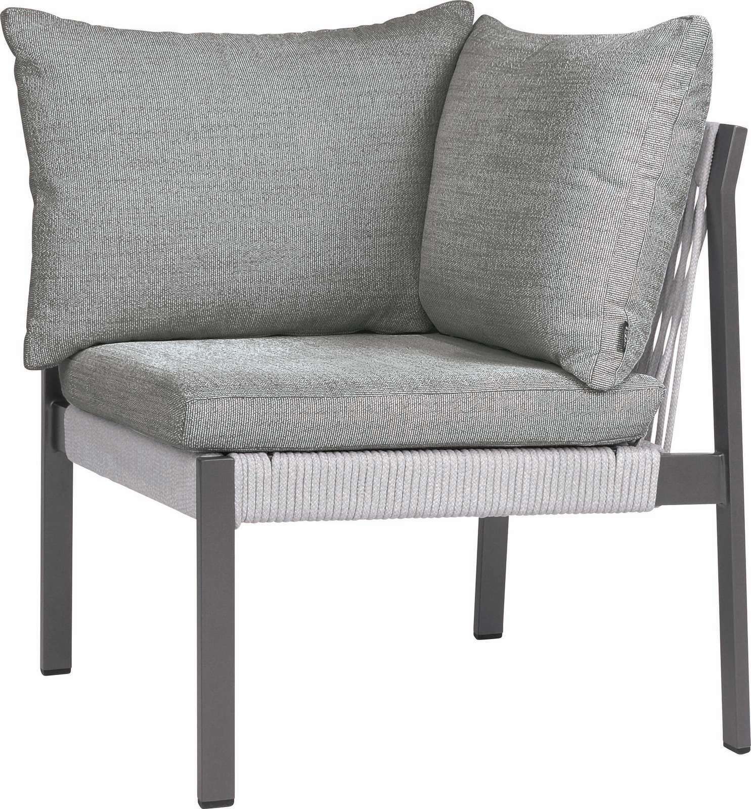 Eckelement mit grauen Kissen und Metallrahmen, seitliche Perspektive
