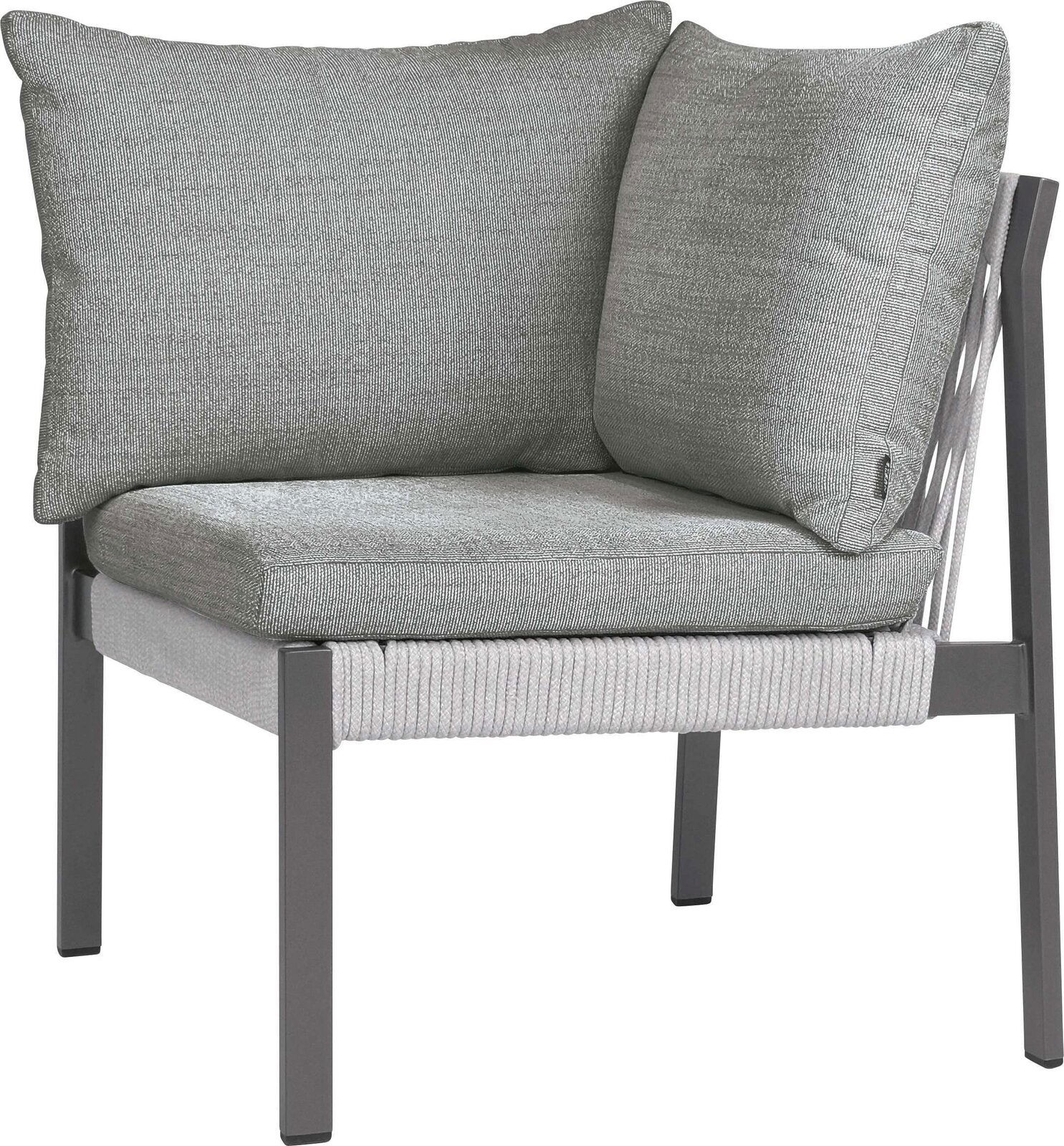 Eckelement mit grauen Kissen und Metallrahmen, seitliche Perspektive