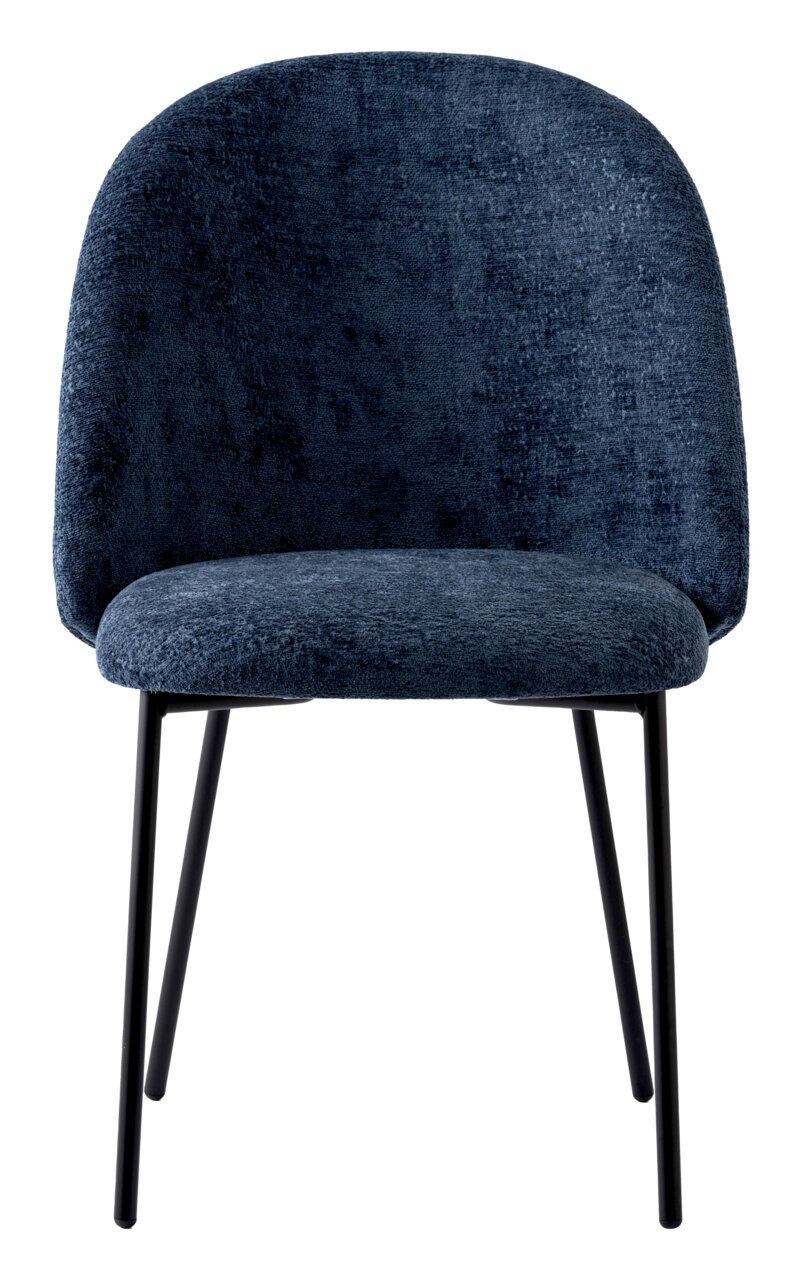 Moderner blauer Stuhl mit schwarzem Metallgestell, Frontalansicht