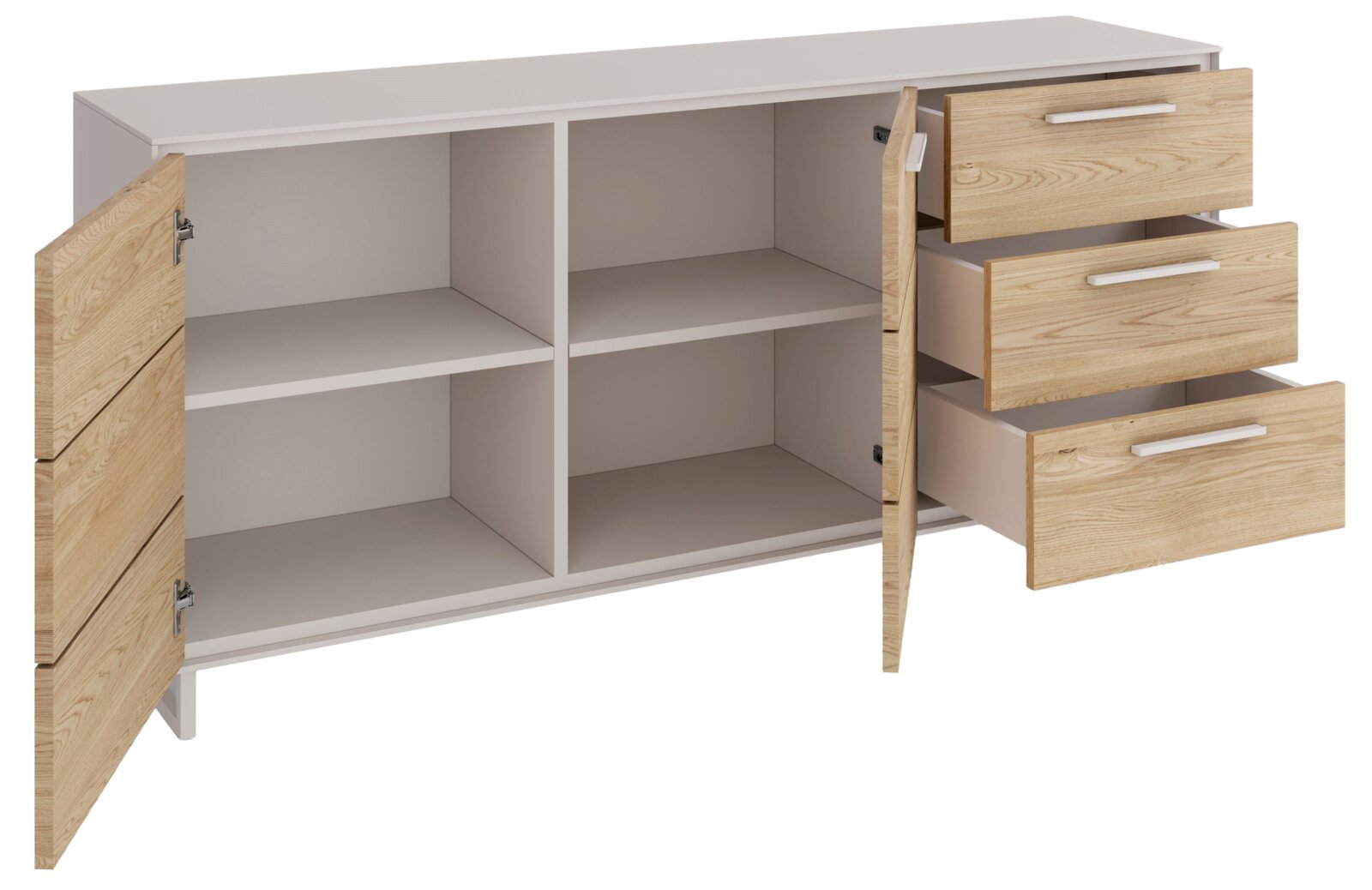 Dressoir met twee open deuren en drie open lades, van licht hout en wit materiaal, zijaanzicht